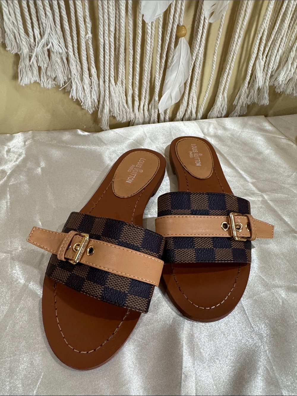 LV Brown Checkered Slide Sandals